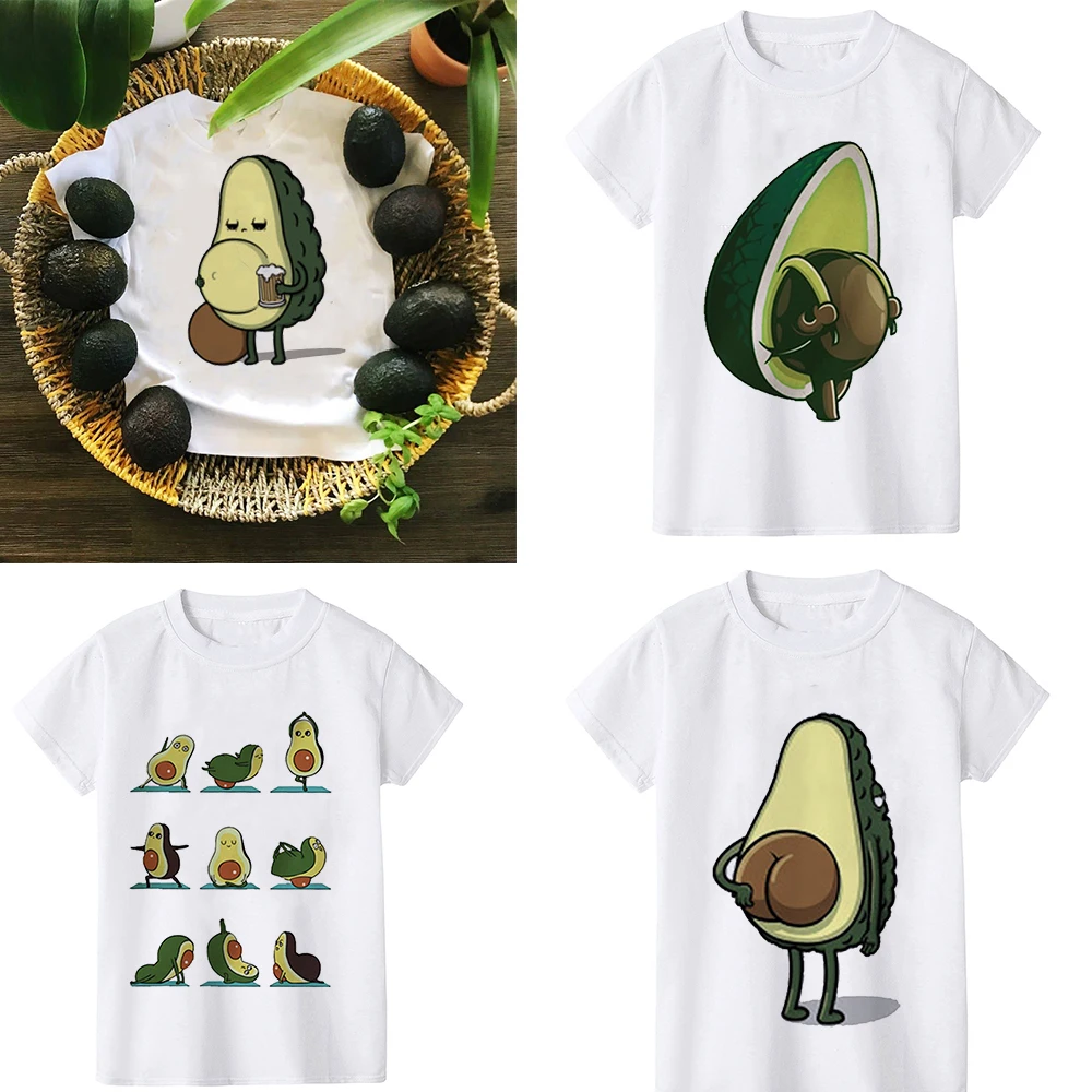 

Футболка для мальчиков и девочек, детские топы, милая одежда с авокадо, забавная летняя одежда с короткими рукавами и движением, белая футбо...
