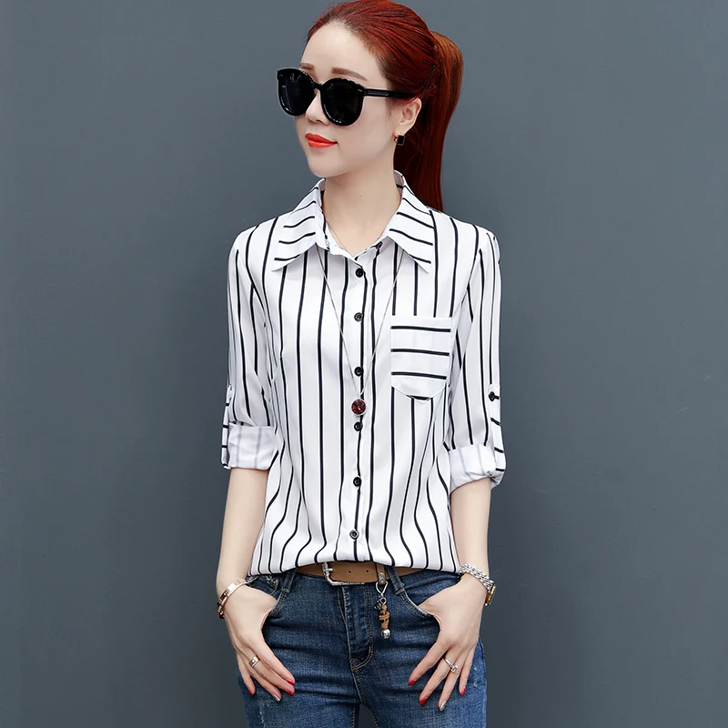 Lady Vertical Stripe Shirt Women'S Long Sleeve Korean Loose 2023 Spring And Autumn New Top Medium Winter Bottoming