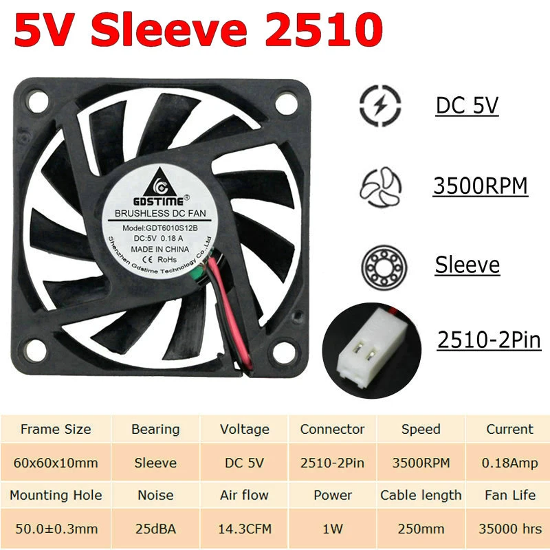 5 шт. в партии Gdstime 5 В, 12 В, 24 В постоянного тока, 2Pin 3Pin USB 60 мм 60x60x10 мм 6010 DC мини охлаждающий вентилятор Cooler Втулка с отверстиями для шариков подшипника - Цвет лезвия: 5V Sleeve 2510-2P