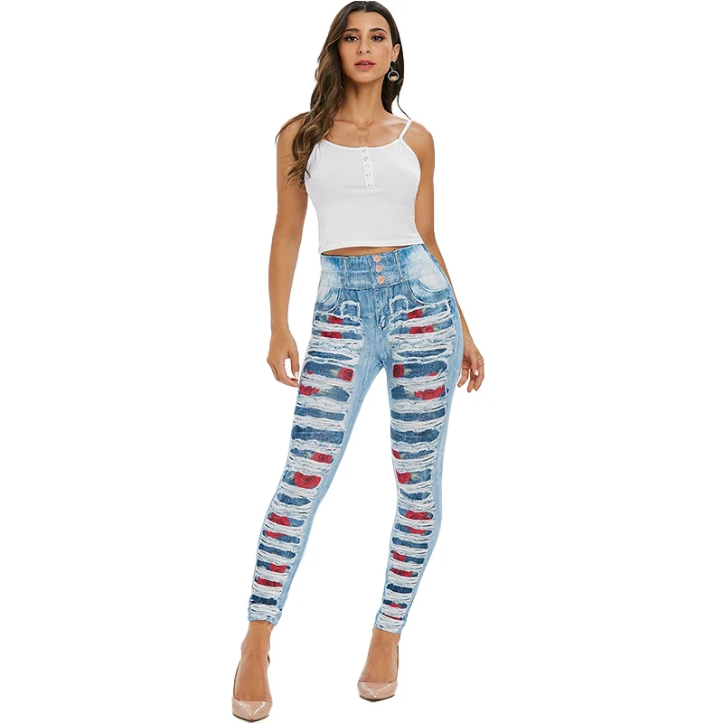 Рваные обтягивающие джинсовые джеггинсы с принтом розы штаны леггинсы высокой