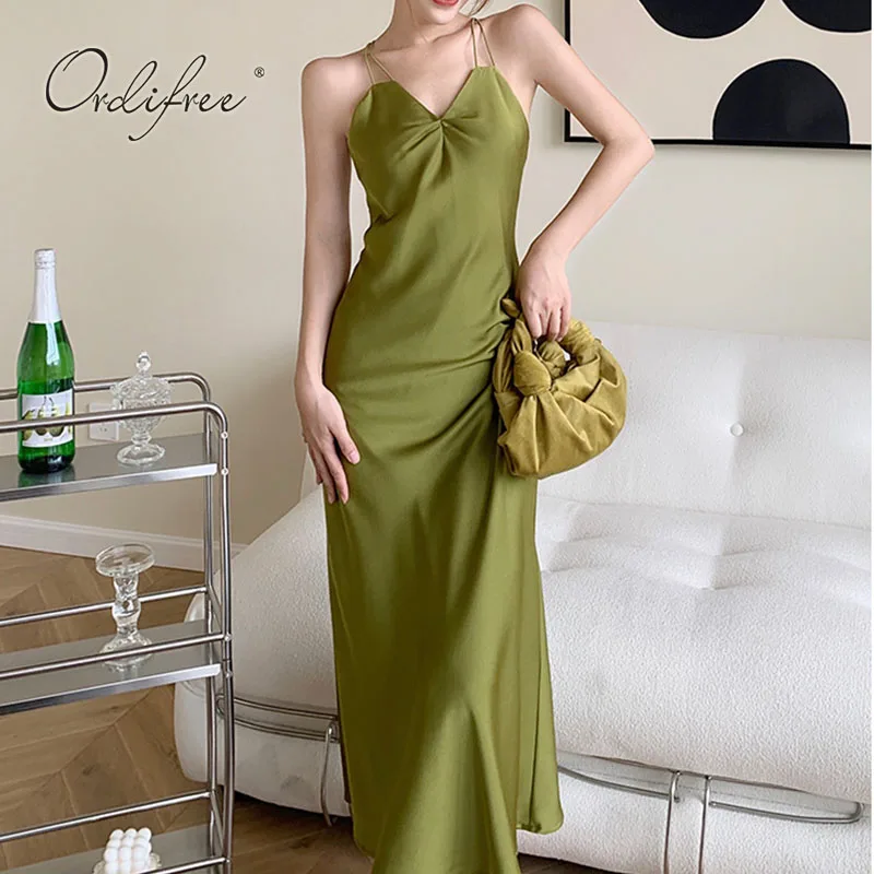 

Женское атласное платье-комбинация Ordifree, Зеленое Длинное облегающее платье с открытой спиной, на тонких бретелях, в винтажном стиле, для клу...