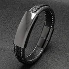 Модный плетеный кожаный мужской браслет, черный гладкий браслет из нержавеющей стали с металлической пряжкой для мужчин и мальчиков, простые ювелирные изделия в стиле панк, ручной браслет SH124AH