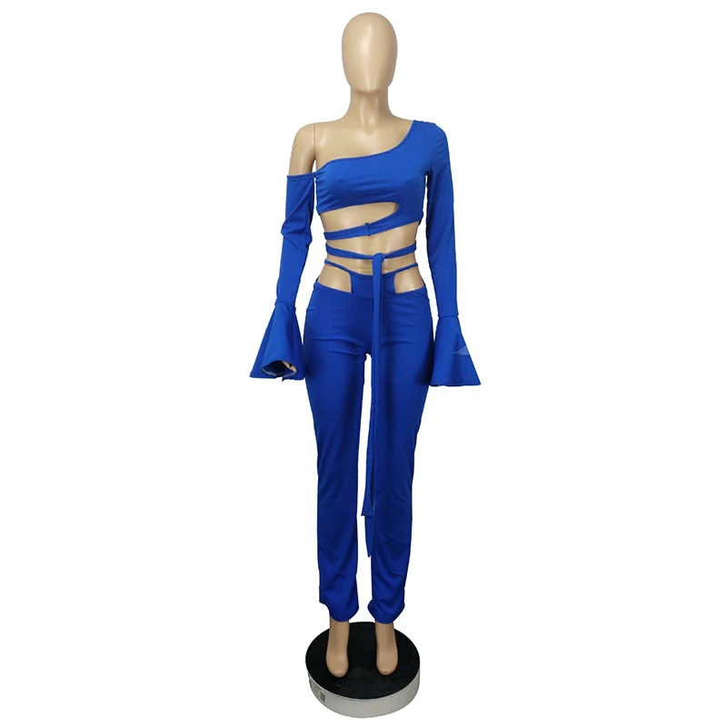 

TNNAOFF Fall Two Piece Set for Women One Shoulder Flare Sleeve Hollow Bandage Jumpsuit Crop Top Sexy Pencil Pants Matching Sets