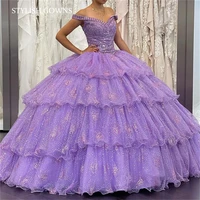 purple off the shoulder ball gown quinceanera dresses tiered sweet 16 party dress vestidos de 15 anos birthday gowns