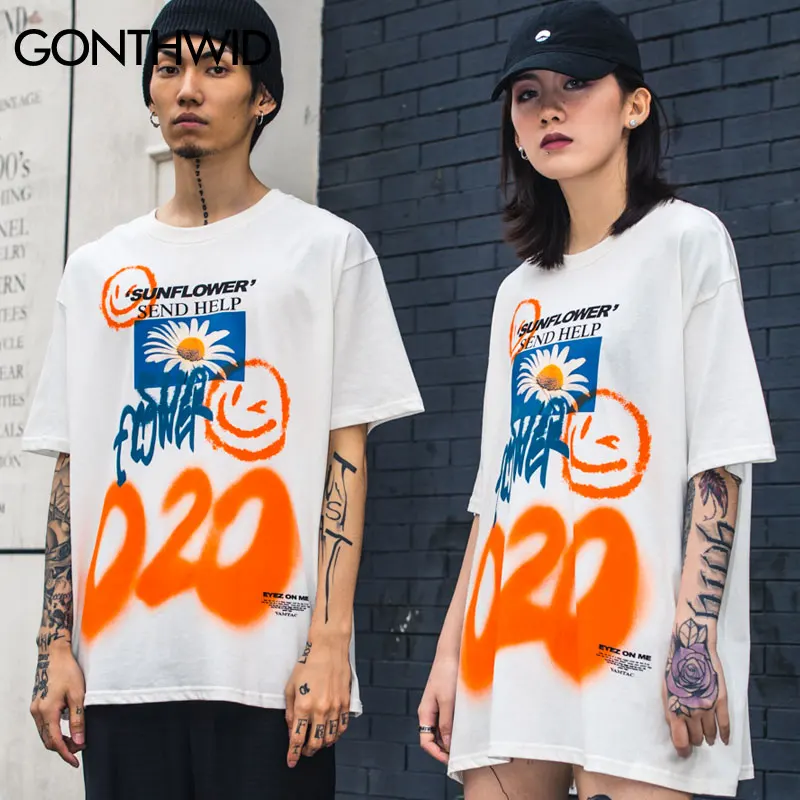 

GONTHWID Sunflower Graffiti Face Print Tees Shirts Streetwear Hip Hop Harajuku Casual Tshirts 2020 Men Fashion Short Sleeve Tops