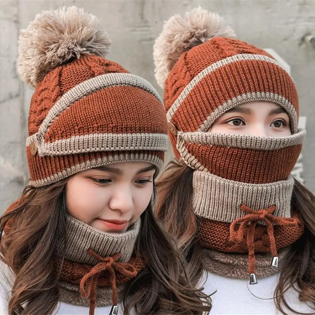 

2020 Brand Winter 3Pcs Sets Women Knitted Beanies Hats Thick Warm Bib Mask Skullies Hat Female Bonnet Beanie Caps Outdoor Riding