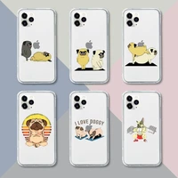 cute cartoon pug animal yoga phone case transparent for iphone 13 12 11 pro mini xs xr x max 5 6 s 7 8 plus soft clear bags