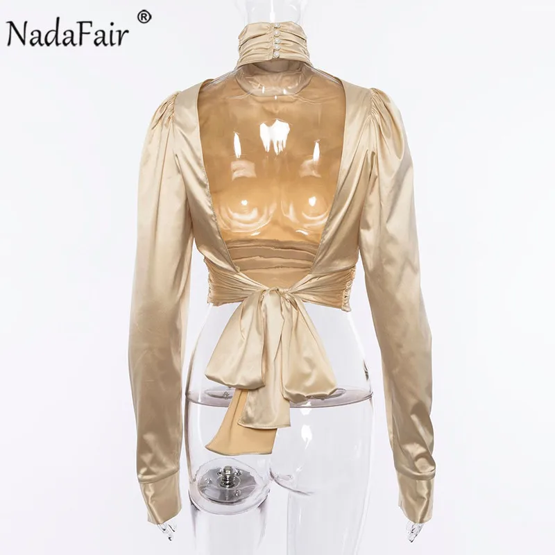 Женская атласная блузка Nadafair с высоким воротом длинным рукавом открытой спиной и