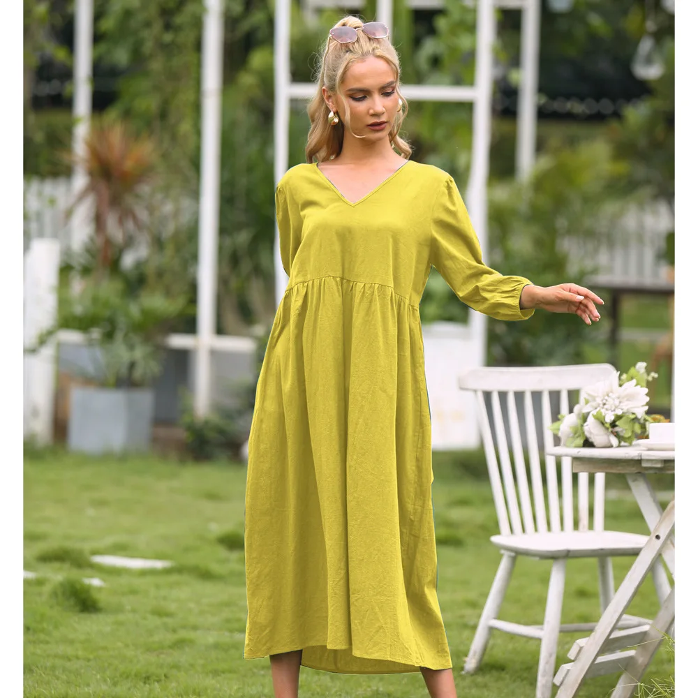 

2021 dress women's summer women's solid color cotton and linen long-sleeved V-neck sexy dress women