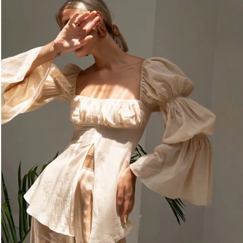 

Женская блузка с длинным рукавом, однотонная блузка с квадратным вырезом и высокой талией, с разрезом, лето 2021