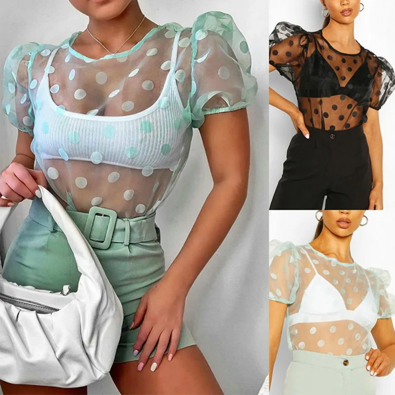 

Summer Female Tops Sexy Round Neck Bubble Sleeve Top Perspective Mesh Women Fashion Print T-shirt A02