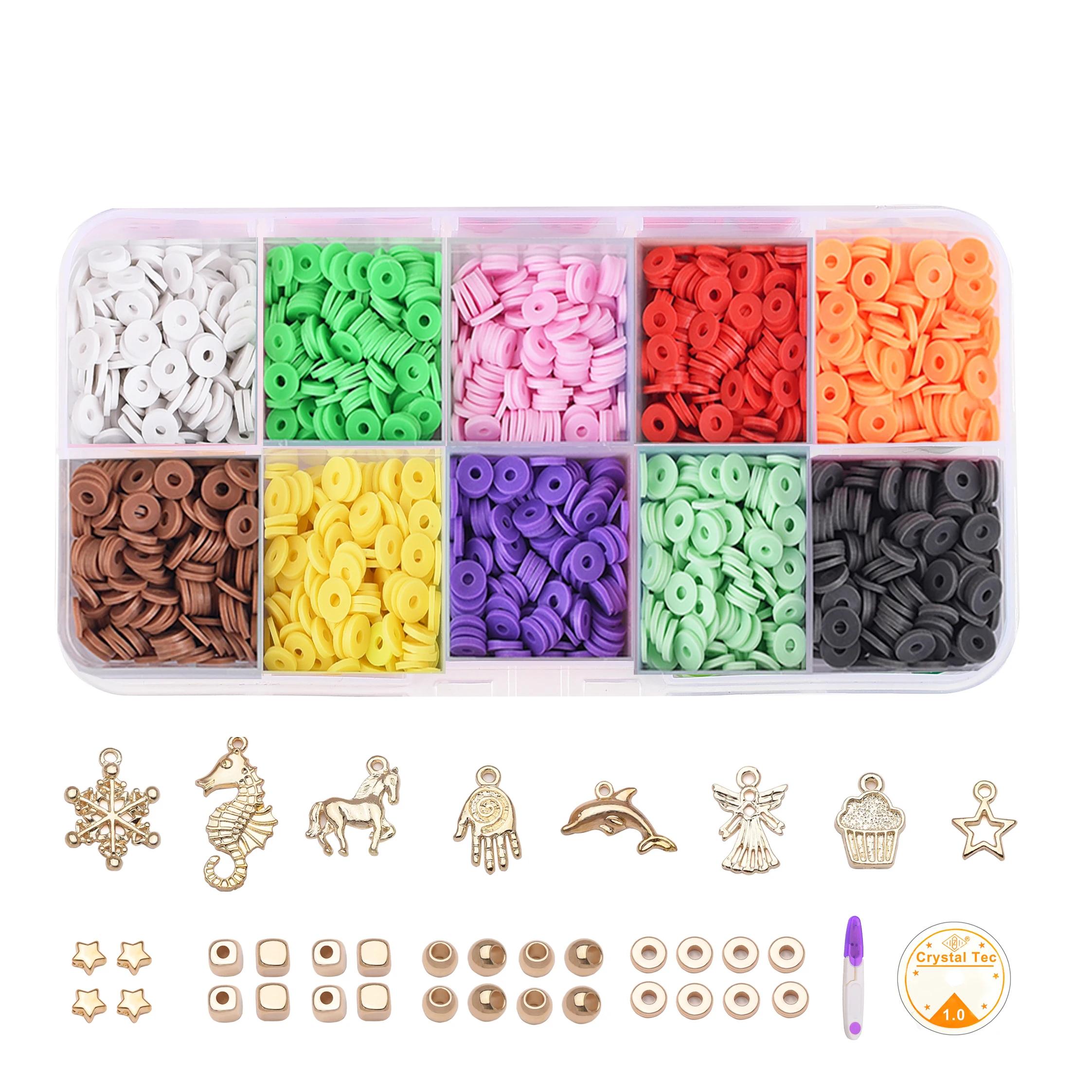 

Flat Beads Kit for Jewelry Making, 6mm Disc Clay Beads Flat Round Heishi Spacer Beads with Golden Charm Pendent for DIY Bracelet