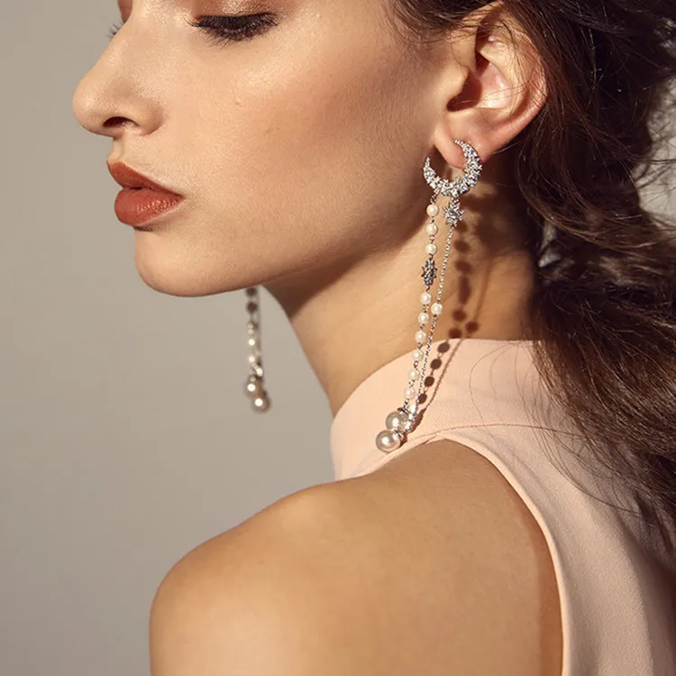 Корейские темпераментные жемчужные длинные звезды луна серьги с кисточками для