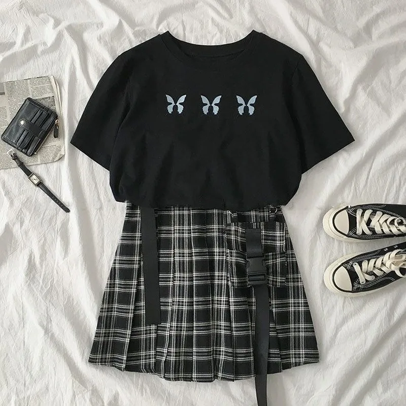 Женский Готический комплект из 2 предметов черная Повседневная футболка с