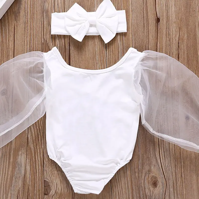 

2Pcs Newborn Toddler Baby Girl Long Sleeve Black White Mesh Fashion Personallity Bodysuit Jumpsuit Outfits