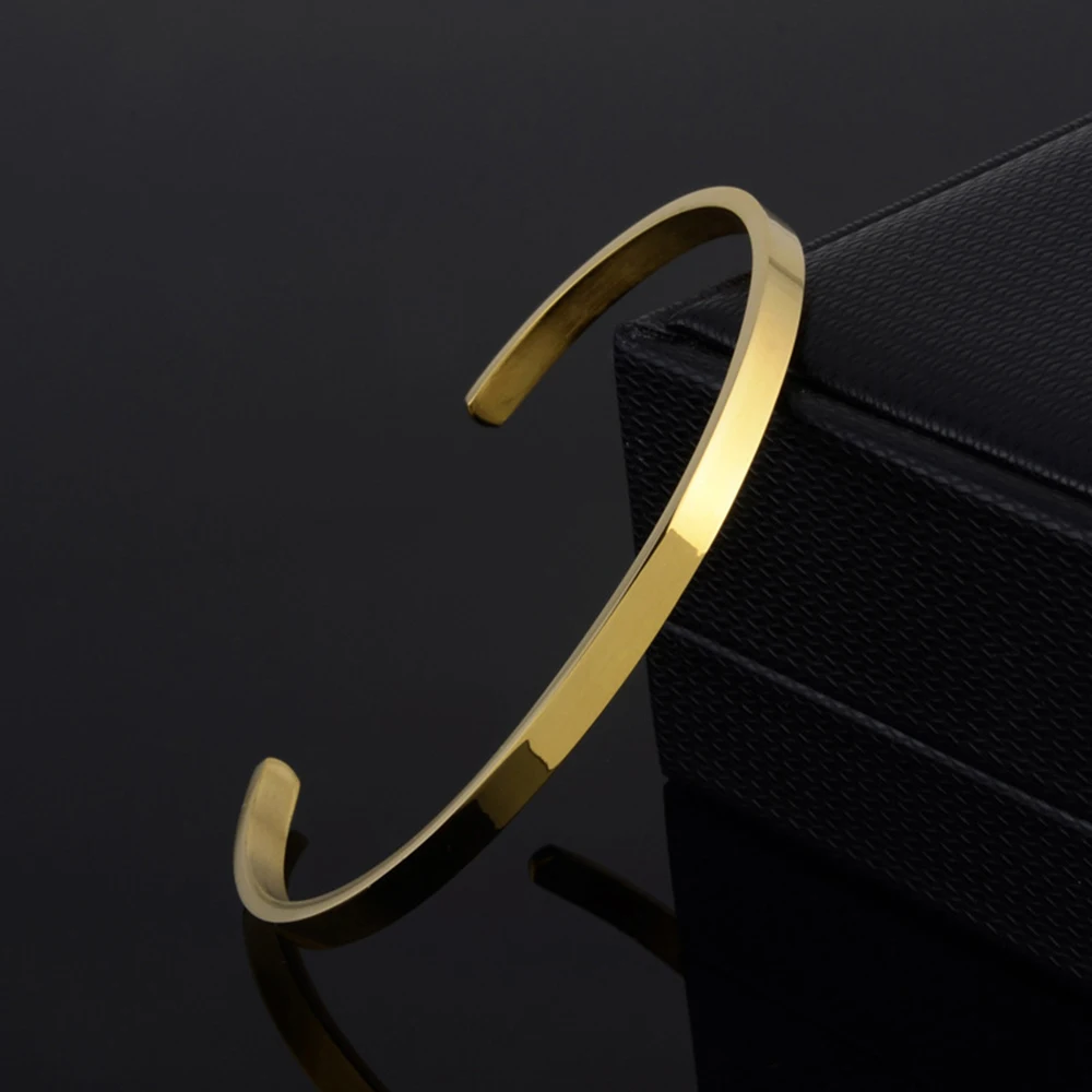 

Delicate 4mm Thin Charm Open Cuff Bangles Stainless Steel Elegant Gold Color Black Rose Gold Men Women Quality Bracelets Gift