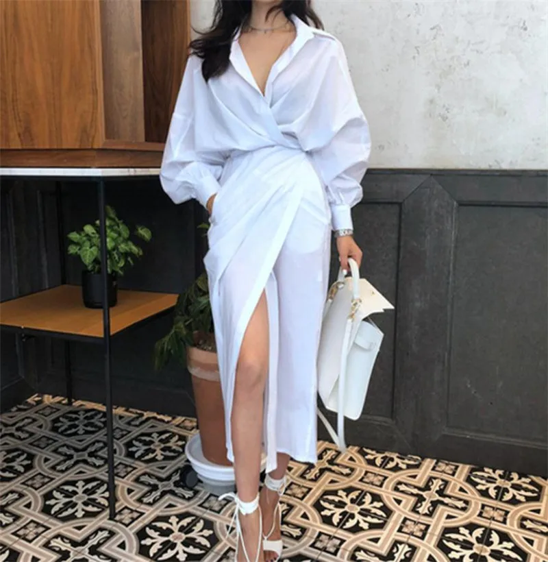 Модное необычное Бандажное однотонное платье-рубашка с темпераментом