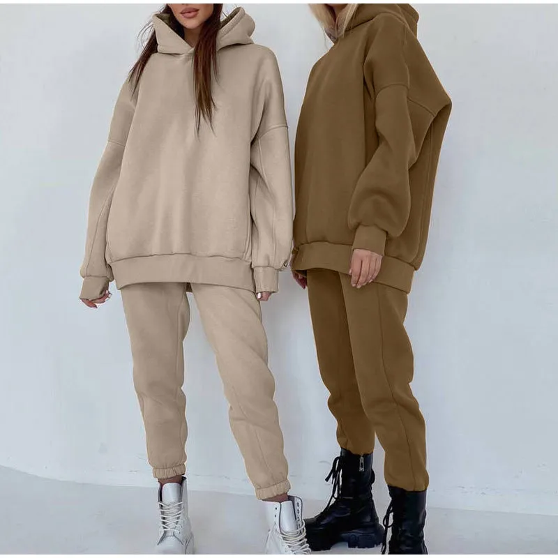 

2021 Повседневный Женский флисовый спортивный костюм, осенне-зимние свободные костюмы с капюшоном, пуловер, толстовка и штаны с высокой талие...