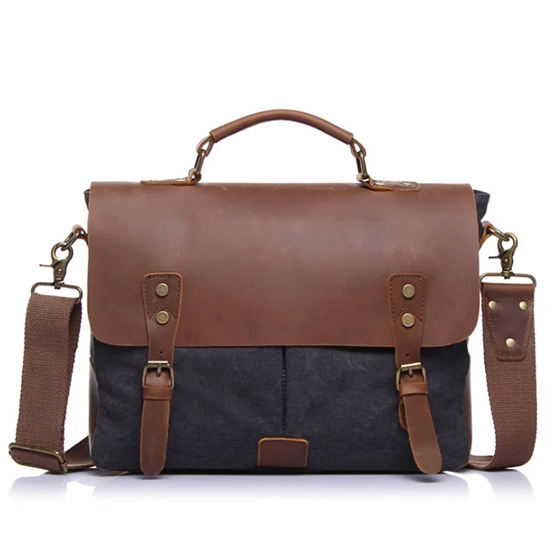 

Retro men's briefcase casual fashion canvas contrast color postman bag one-shoulder multi-purpose business travel computer bag