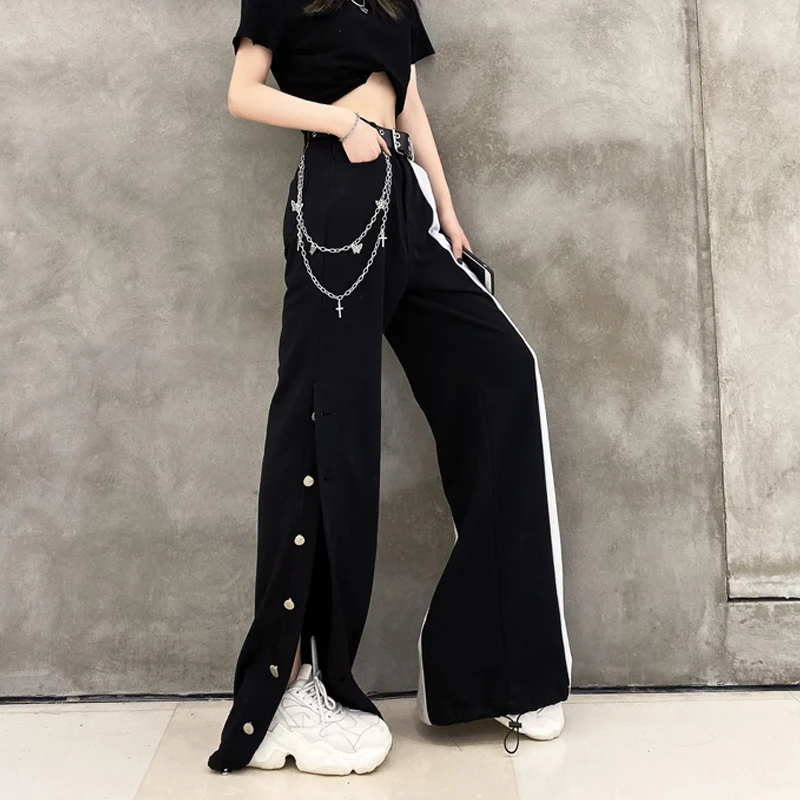 

New Arrival Women Fashion Contrast Cargo Pants Female Elastic Waist Wide Leg Trousers Ladies Korean High Street Pant Plus Size