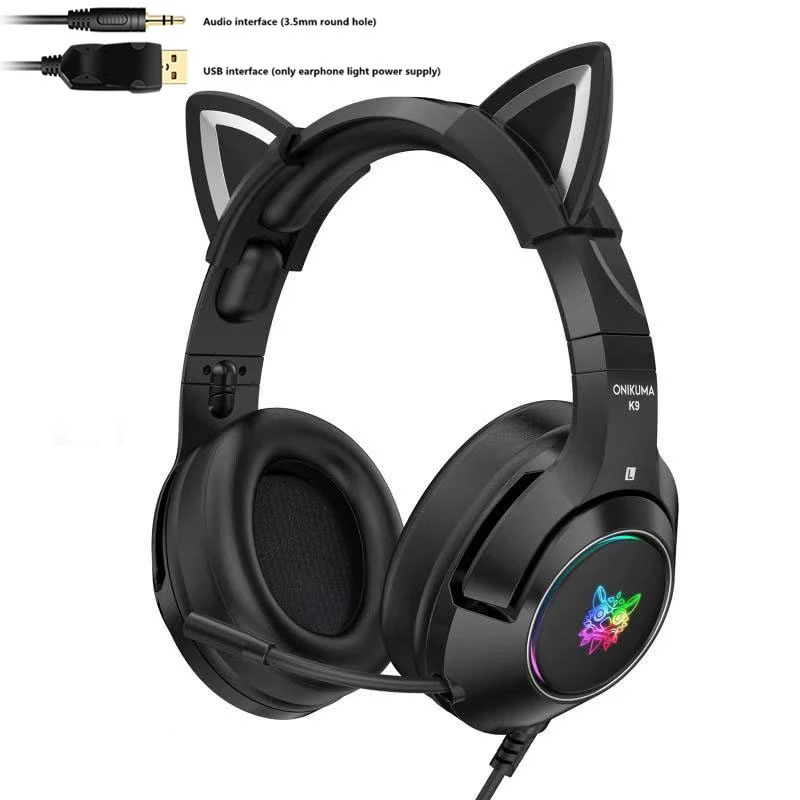 Игровые наушники K9 Black Demon Version с кошачьими ушками и микрофоном подсветка RGB