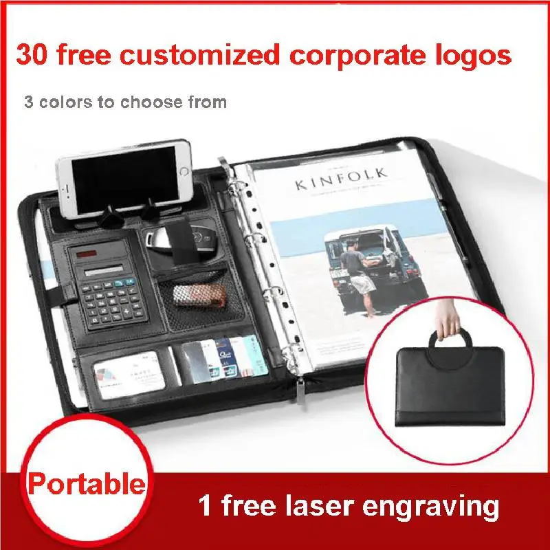 

A4 Portable File Folder With Calculator Binder Organizer Manager Office Document Pad Document Bag Pu Leather Padfolio Zipper Bag