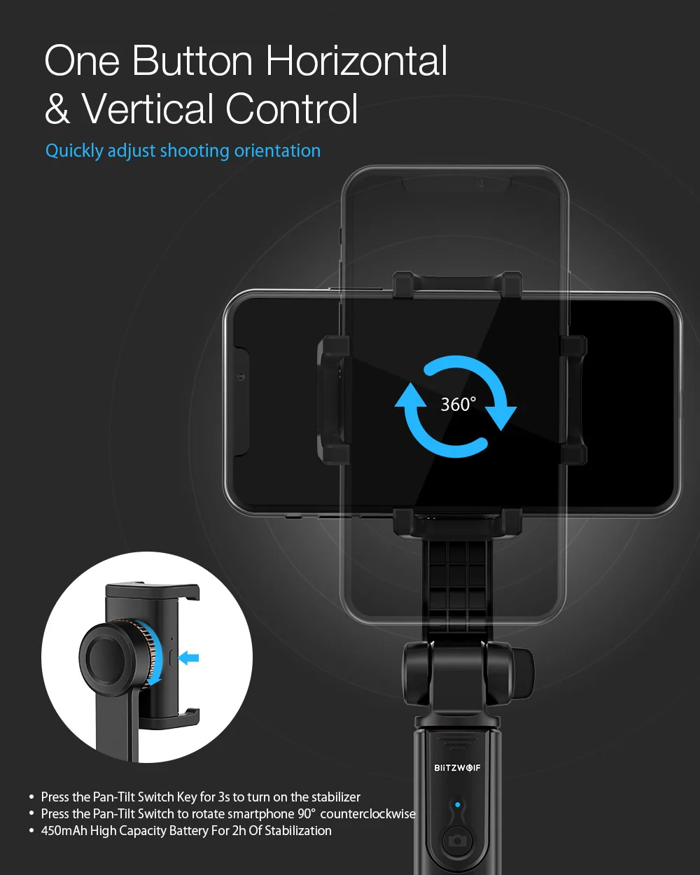 Монопод для селфи BlitzWolf с одной осью, ручной карданный стабилизатор, bluetooth, пульт дистанционного управления, антивибрационный автоматический баланс
