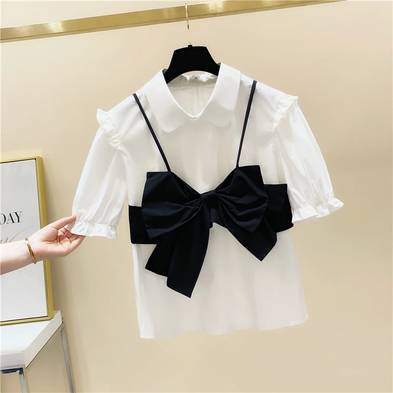 Женская рубашка контрастного цвета с бантом и оборками летние блузки топы в