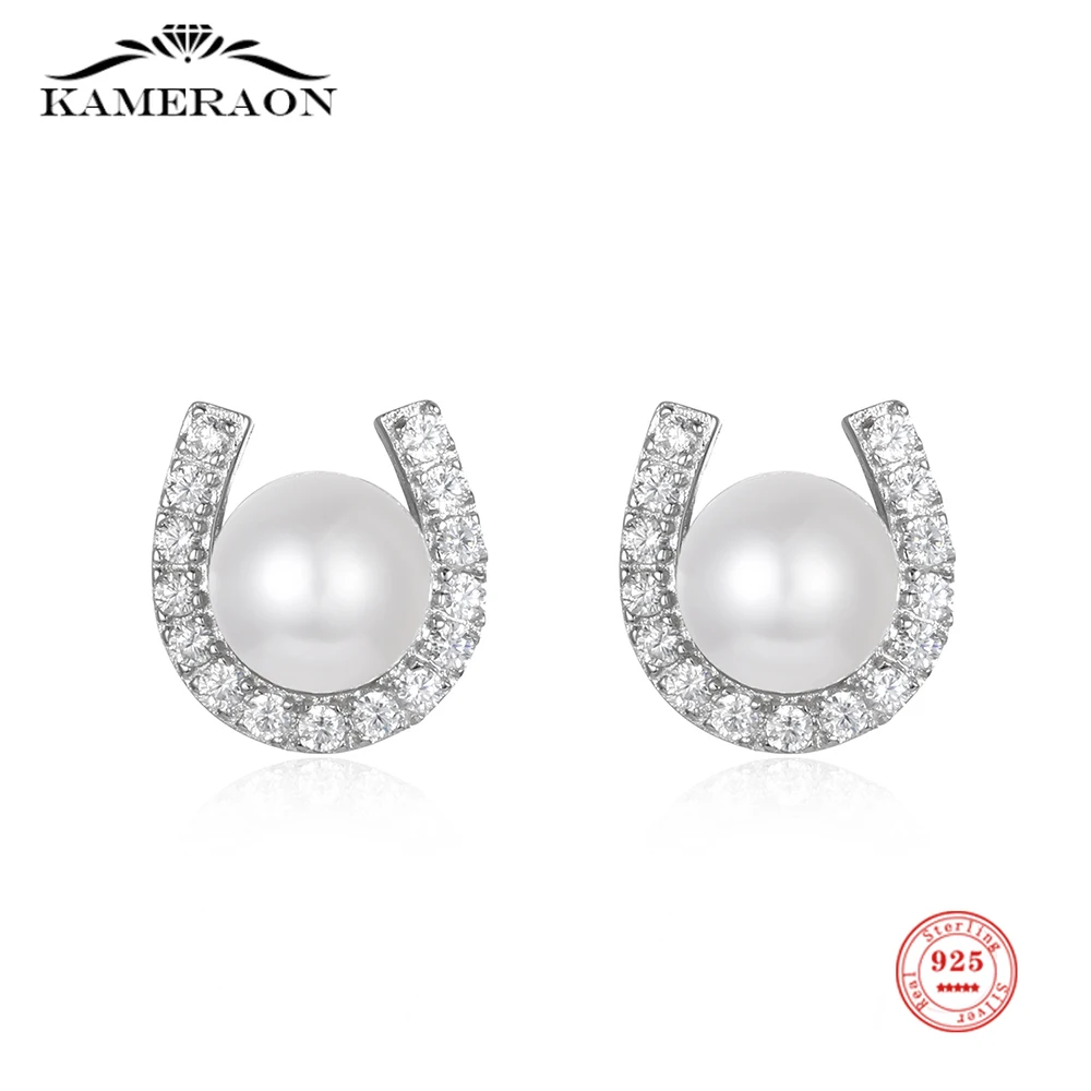 

100% Sterling Silver 925 U-shaped Women Stud Earrings with Zircon Shell Simulated-pearl Round Gems Earrings Luxury Ear Jewelry