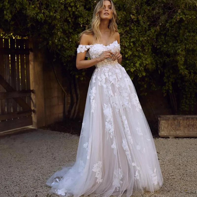 

Vintage Tulle Bohemian Boho Lace Wedding Dress Appliques A Line Bride Dresses Vestido De Noiva Wedding Party Gowns Casamento