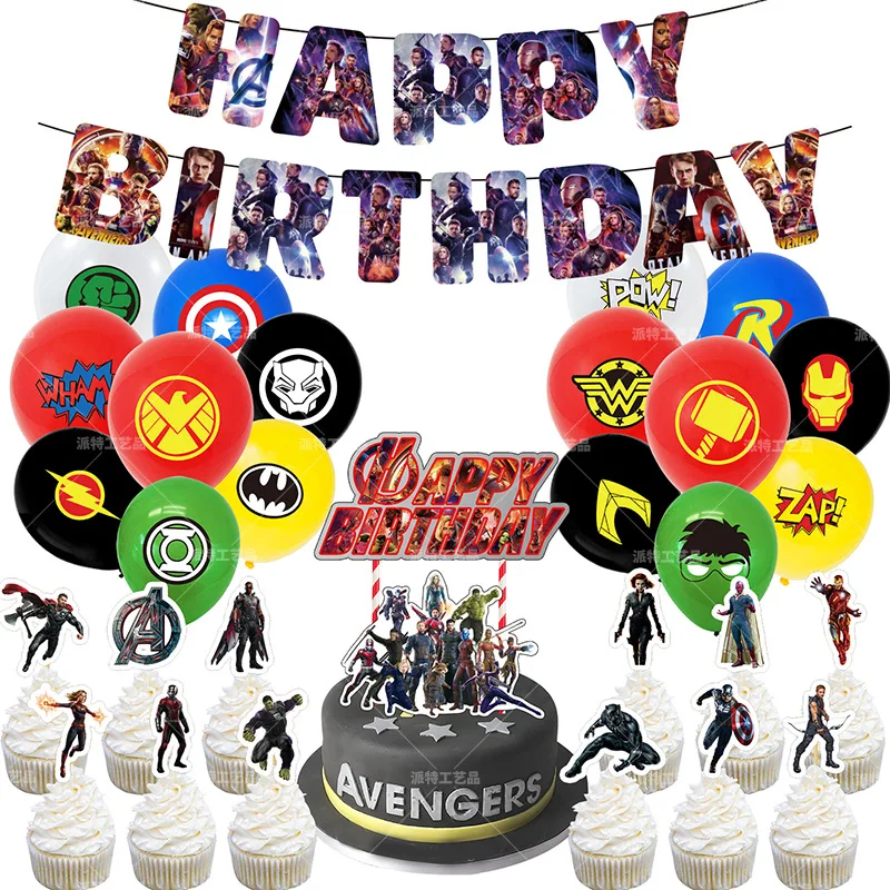 

The Avengers Marvel Theme Birthday Party Decoration Supplies For Kid Cake Balloon happy Birthday Banner Props Action figure