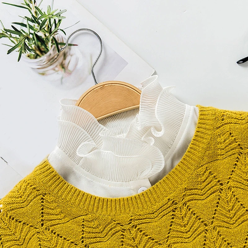 

Women Double Layer Ruffled Stand False Fake Collar Button Down Chiffon Solid Color Elegant Detachable Half Shirt Dickey A07 21