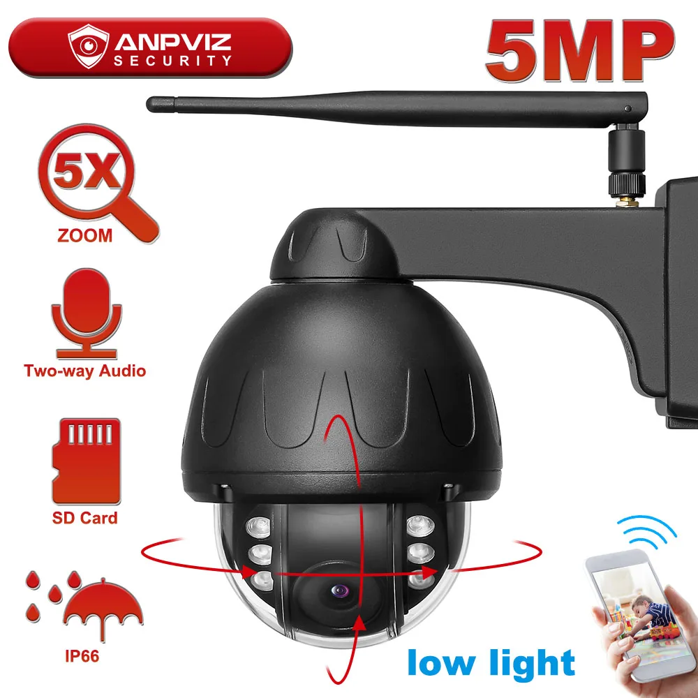 Anpviz 5MP 5X низкий светильник WIFI IP PTZ камера скоростная купольная наружная