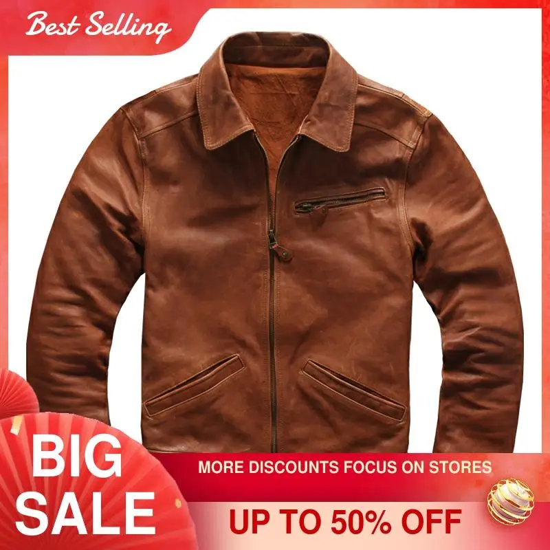 

2021 Light Brown American Casual Style Genuine Leather Jacket Men Plus Size 4XL Real Natural Sheepskin Autumn Slim Fit Coat