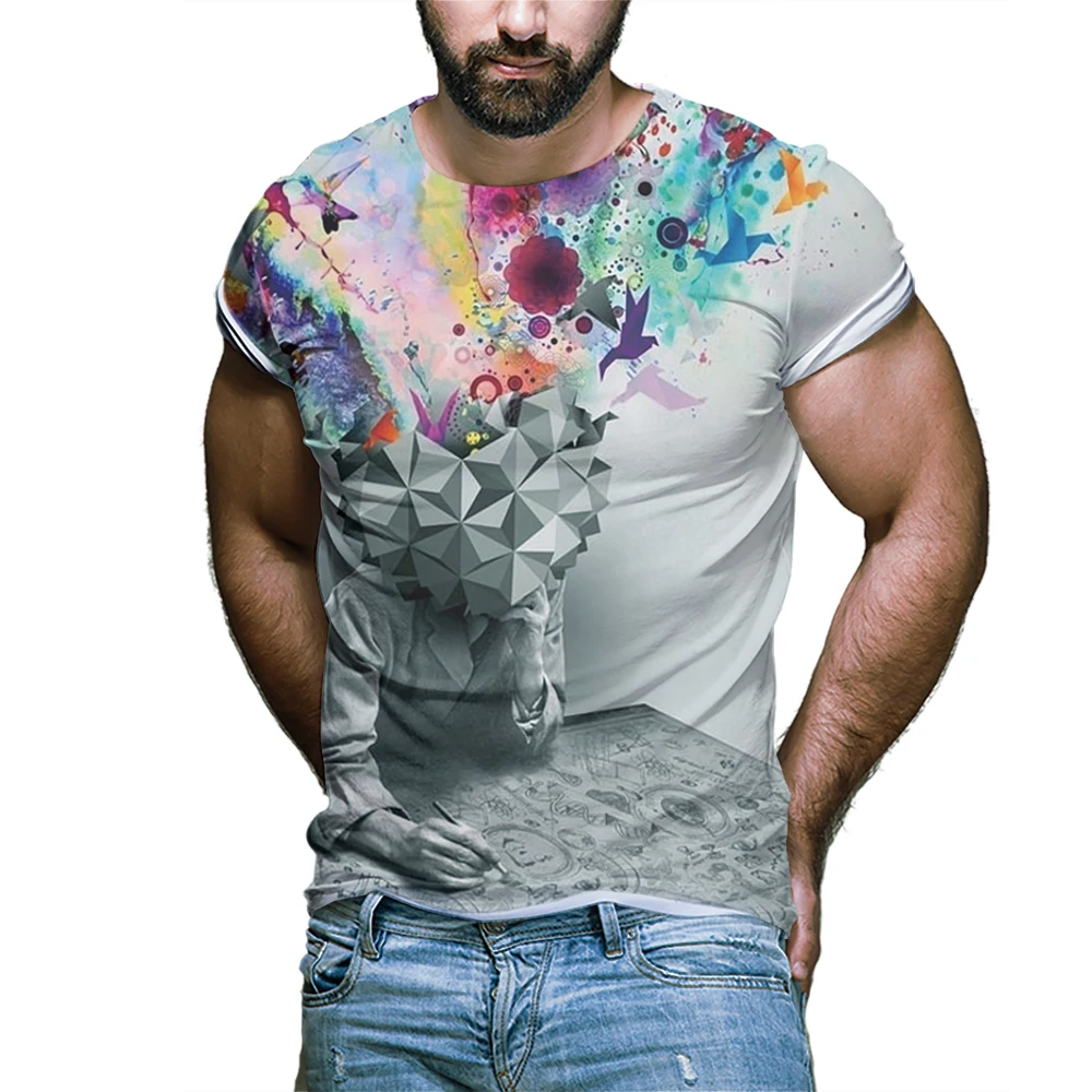 

T-shirt 3D technology boy artistic sense unique sweat shirt top fashion quick-drying Colorful inkjet style men's printed