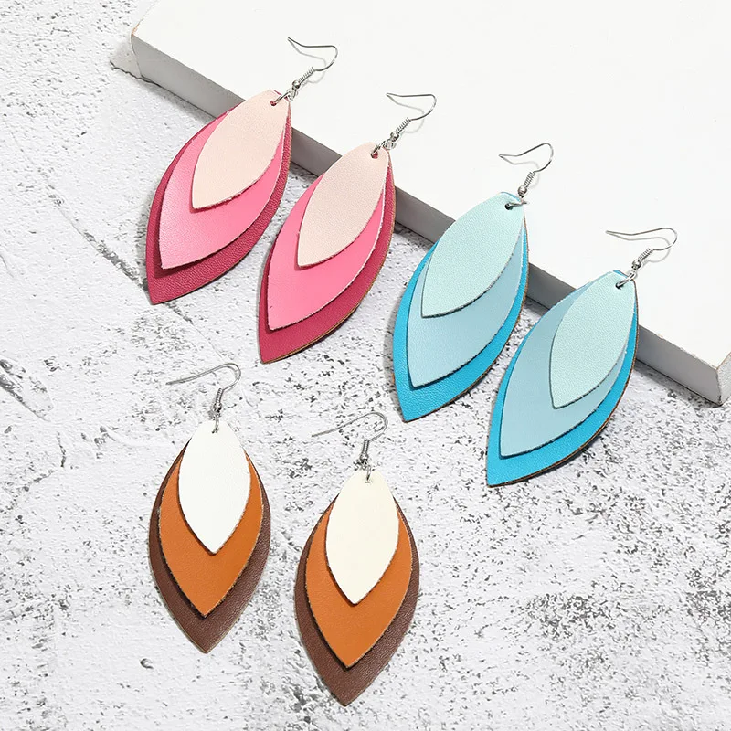 Амазонские серьги с многослойным контрастным швом и геометрической отделкой из искусственной кожи в европейском и американском стиле.