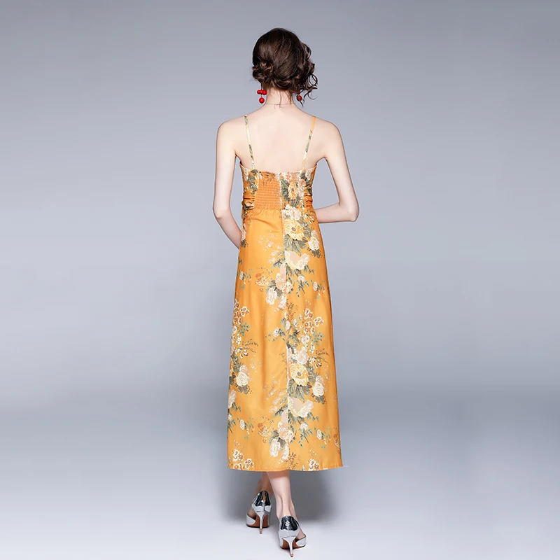 

Simgent Yellow Beach Dress Summer Women Spaghetti Sleeveless Backless Print Long Holiday Dresses Vestidos Jurken SG16114