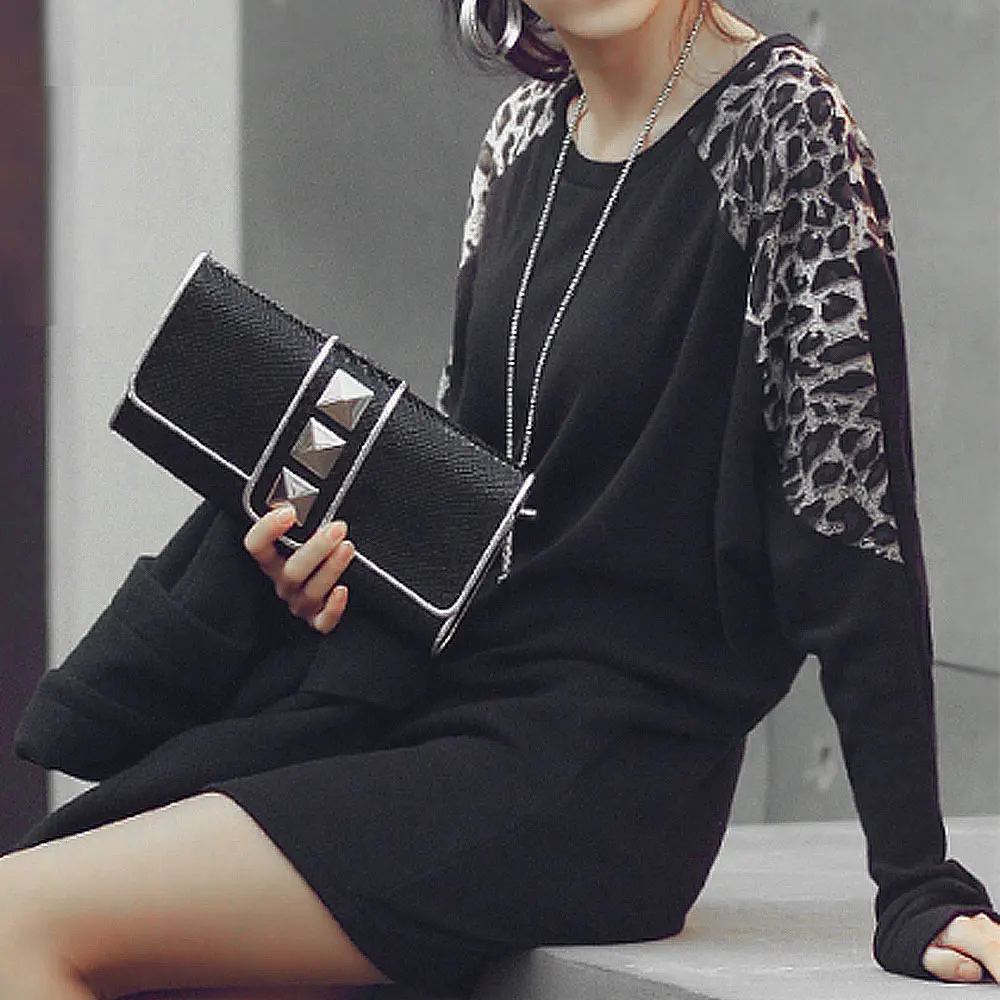 

New Women Leopard Print Patchwork Loose Tee shirt Casual Long Sleeve Batwing Pullover Spring Wear