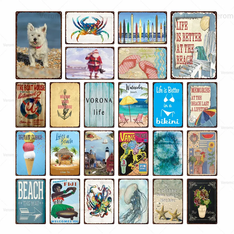 

Beach Scenery Crab Starfish Delicious Food Retro Metal Tin Sign Plaque Art Poster Resort Villa Wall Decoration Painting