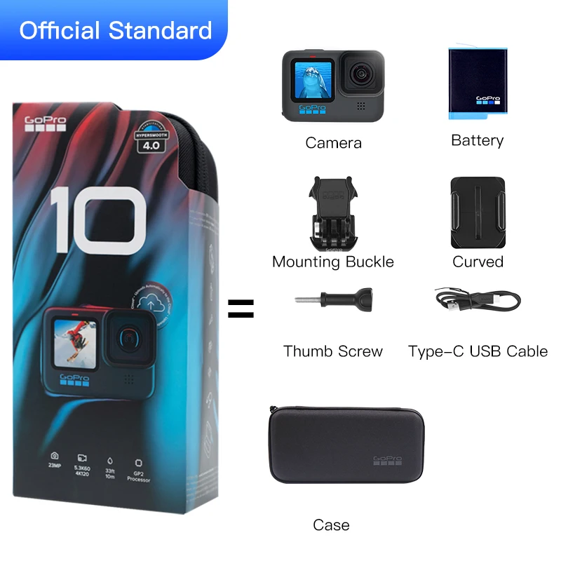 GoPro HERO 10 Black Underwater Action Camera 4K 5.3K60 Video, Helmet Sports Cam 23MP Photos, 1080p Live Streaming Go Pro HERO10