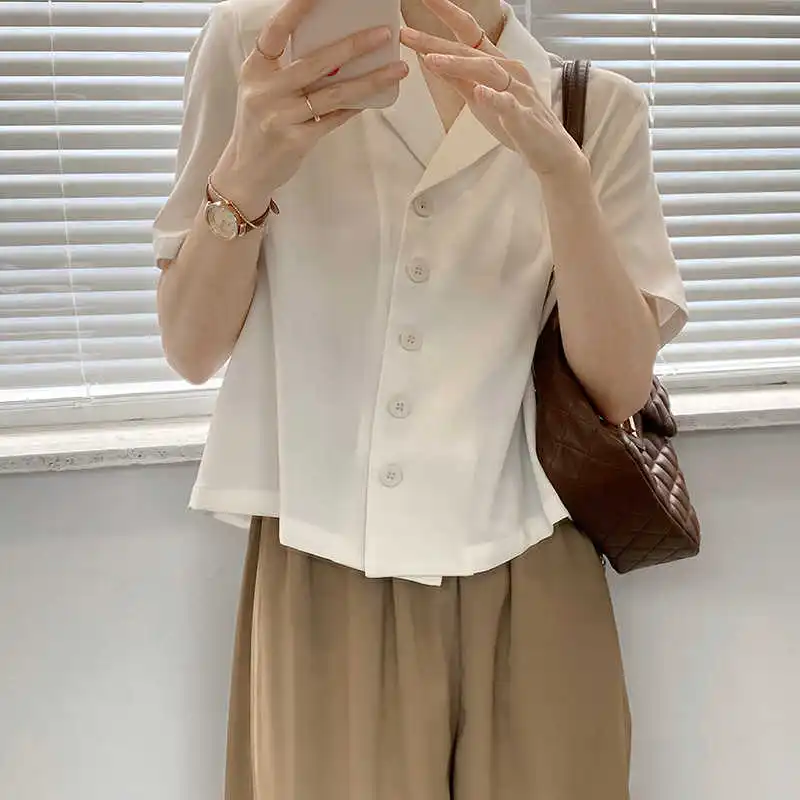 

COZOK Korean Chic Short Solid Color Shirt Women's 2021 Summer Single Breasted Short Sleeve Suit Top 1958