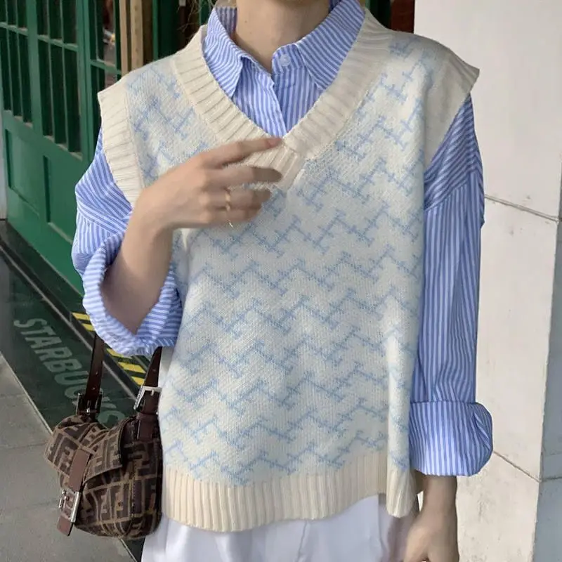 

Fashion Sweater Vest Women 2021 Korean Style Streetwear Chic Geommetric V Neck Sleeveless Pullover Knitted Tank Tops T681