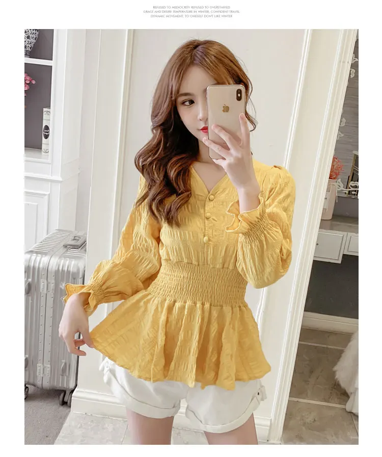 

sweet Korean style spring autumn new Women's Clothing Shirts white flare sleeve blusas mujer de moda v-neck ruffles womens tops