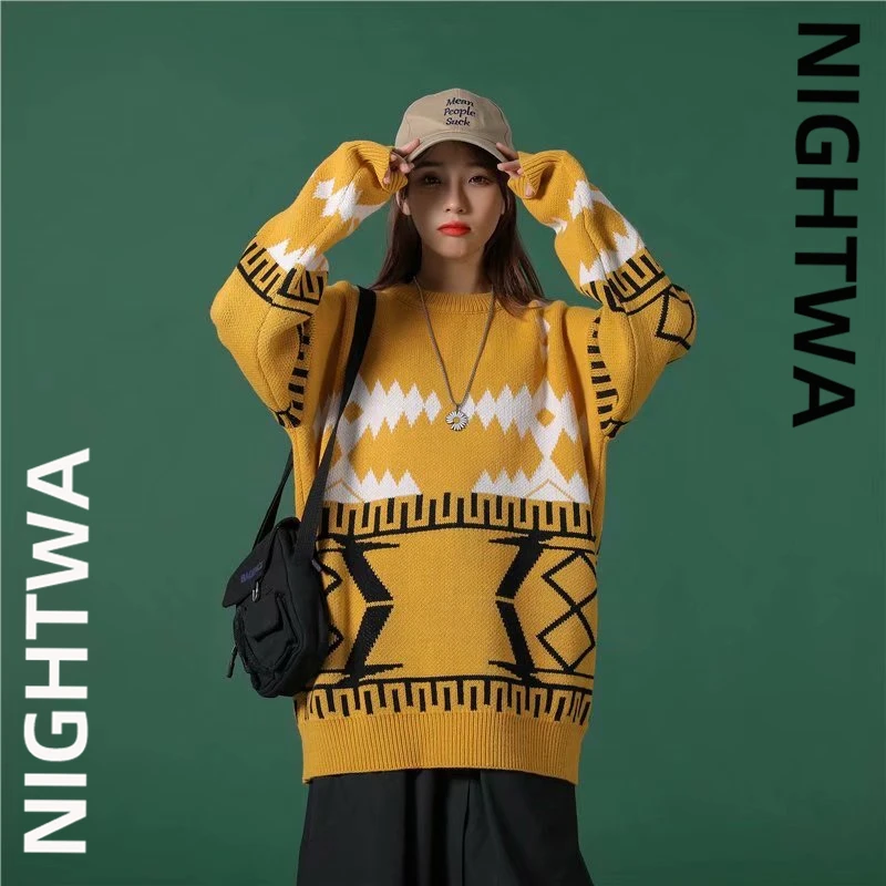 

NIGHTWA Women Knitted Sweater Vintage Geometric Pattern Print Sweater Oversized Pullovers Winter Streetwear Long Sleeve Sweaters