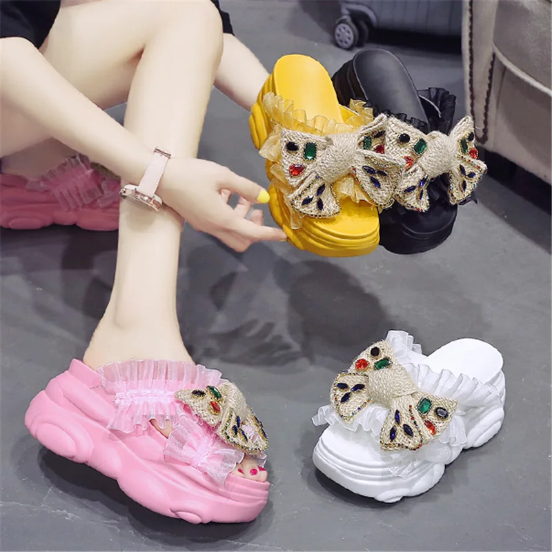 

Women Slippers Super High Heels Platform Comfortable Hemp Rope Bow Tie Rubber Wedges Footwear Female Summer Pleated Lace Sandals
