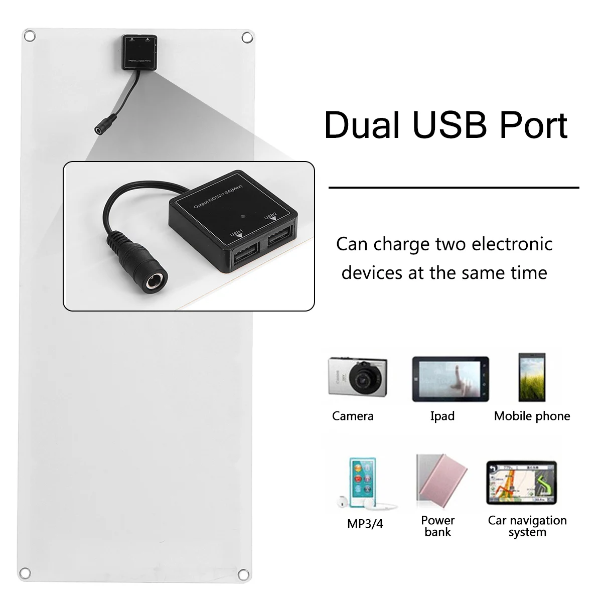 Гибкая солнечная панель с двумя USB портами 60 А/100 А 66 см x 28 см|Солнечные элементы| |
