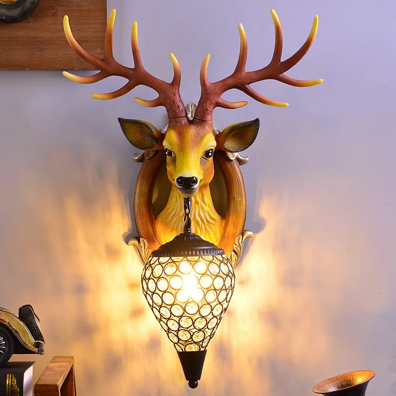 

Antlers Deer Head Wall Lamp American Country Retro Style Living Room and Bedside Decorative Bedroom Bar Wall Lamp