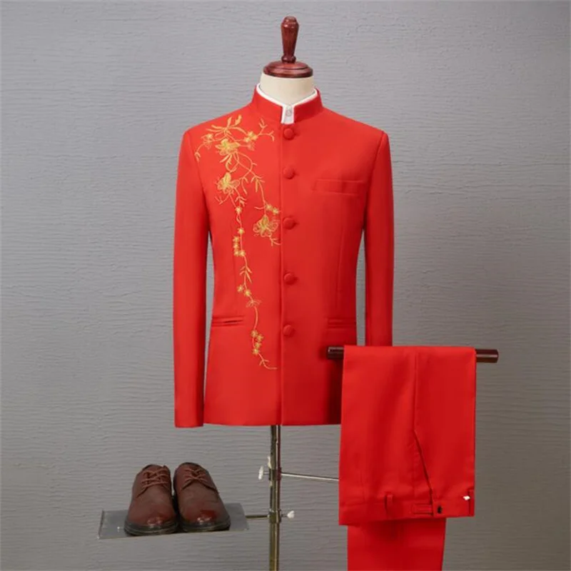 

Embroidery Chinese tunic suits men blazers stage costume adult chorus performance singer host dress stand collar red black white