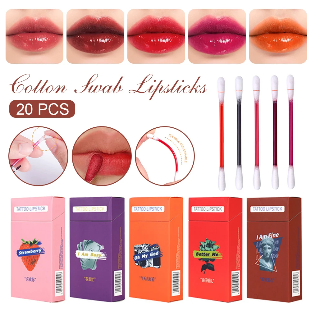 Lápices labiales desechables de algodón para 20 piezas, conjunto de lápices labiales de larga