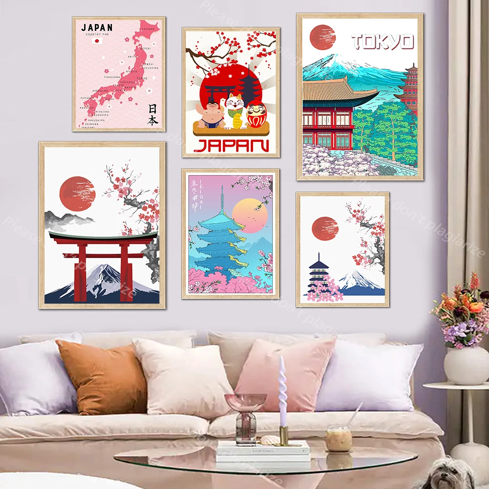 

Japan Map Cherry Blossoms Cover Poster Wall Art Print Mount Fuji Sunrise Landscape Canvas Painting Living Bed Room Home Decor
